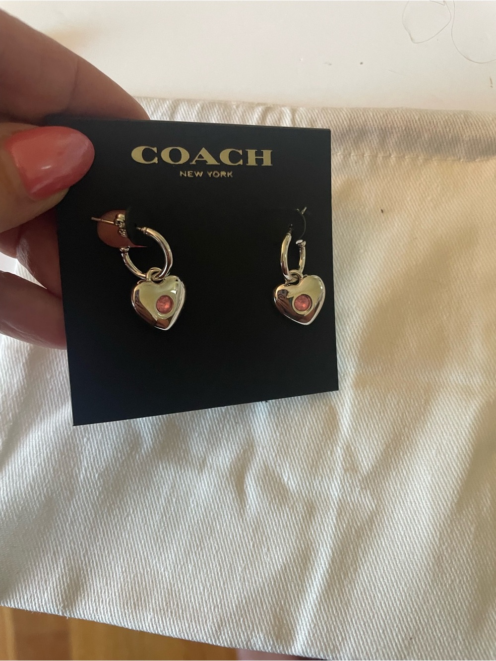 Coach Silver Heart Hoop Earrings with Pink Stone - Picture 2 of 4